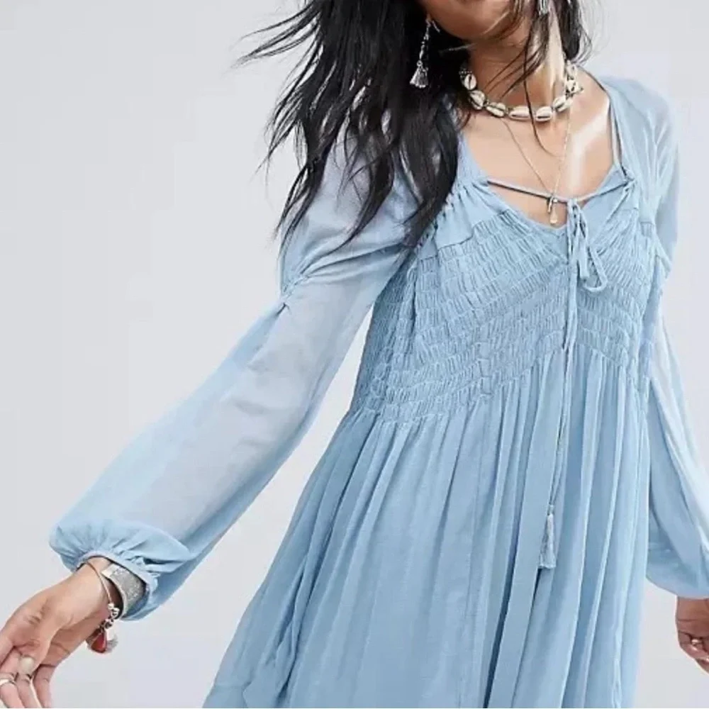 Free People Blue Lini Smocked V-Neck Tassel Boho Tunic Top Size XS